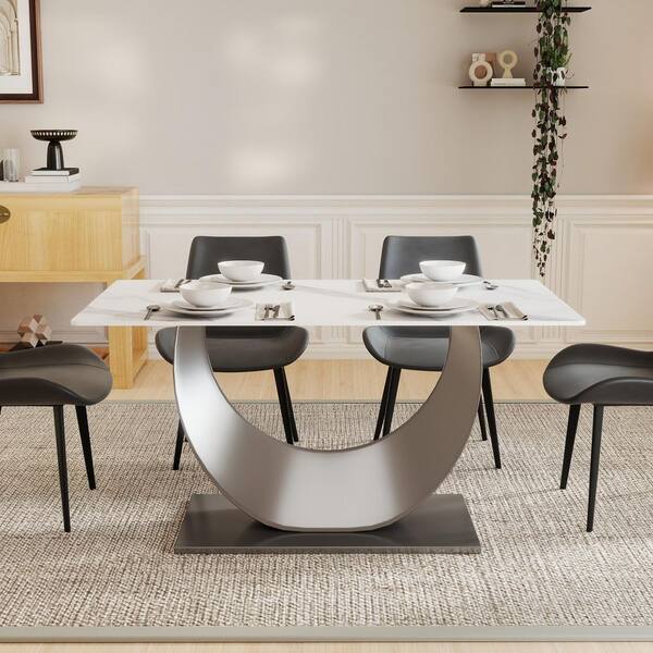 63 in. White Rectangular Sintered Stone Tabletop Dining Table Gunmetal Gray Pedestal Dining Table