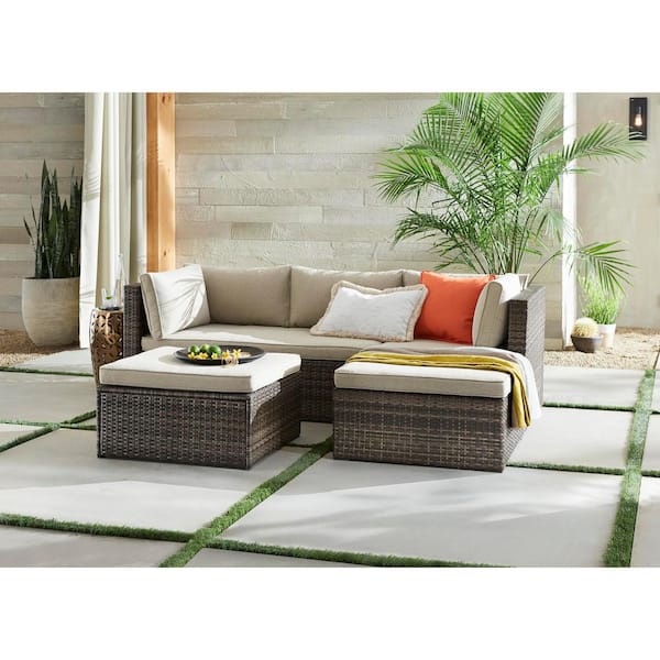 Hampton Bay Valley Peak 3-Piece All-Weather Brown Wicker Sectional Outdoor Patio Set with Beige Cushions