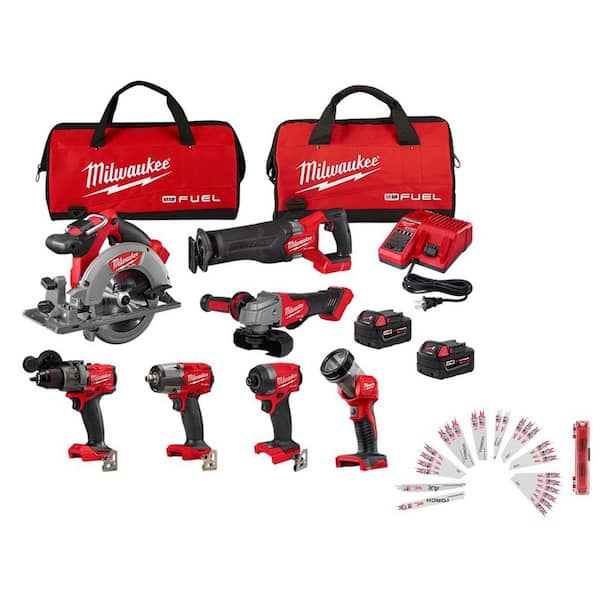 M18 FUEL 18V Lith-Ion Cordless Combo Kit w/ Two 5.0 Ah Batteries, Charger, Tool Bag, & Recip Saw Blade Set (7-Tool)