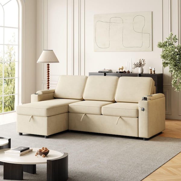 Modern 85.8 in. Beige Fabric Twin Size Sofa Bed with Storage and Charging Station