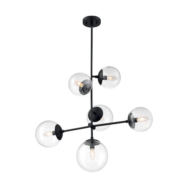 Sky 60-Watt 6-Light Matte Black Shaded Pendant Light with Clear Glass Shade, No Bulbs Included
