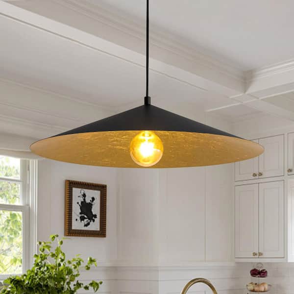 PCover 1-Light 25.6 in.W Black Pendant Light Industrial Kitchen Cone Barn Hanging Light with Gold Foil Accent