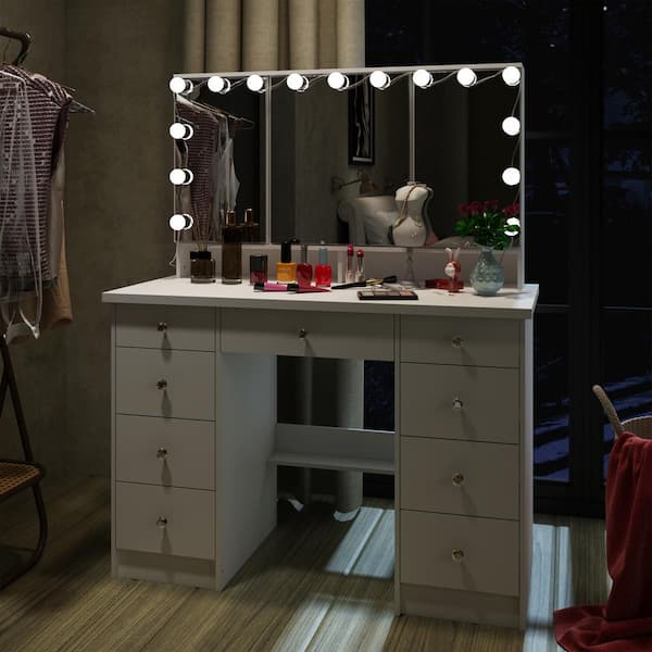 FUFU&GAGA White Modern Makeup Vanity Desk 9 Drawers Wood Dressing Table  With 3 Mirrors, Hidden Storage Shelves, LED Lighted KF210213-01 - The Home  Depot