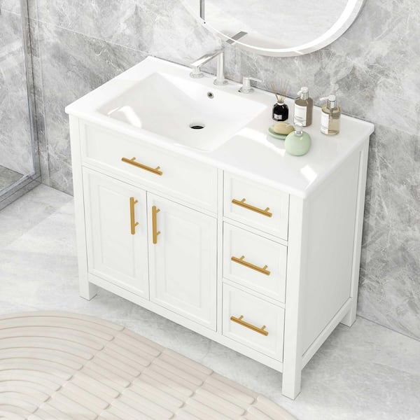 36 in. W x 18 in. D x 34 in. H Single Sink Freestanding Bath Vanity in White with White Ceramic Top and (3-Drawers)