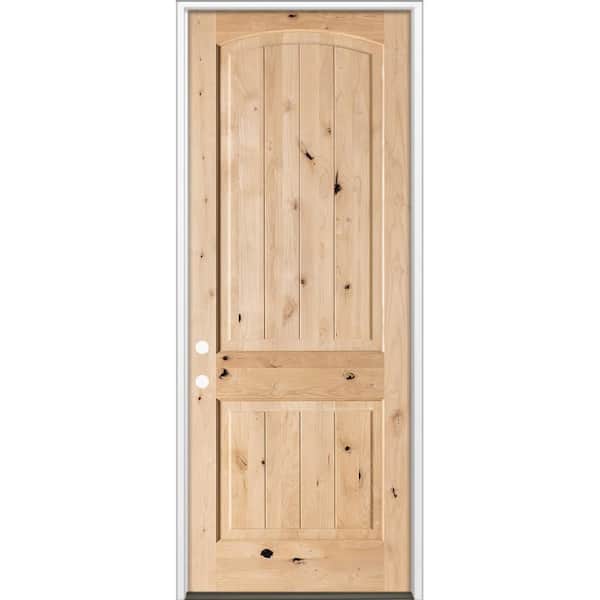 30 in. x 96 in. Rustic Knotty Alder Top Arch V-Groove Right-Hand/Inswing Unfinished Wood Prehung Front Door