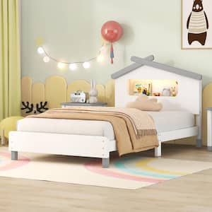 White Wood Twin Size Platform Bed with House-shaped Headboard and Night Lights