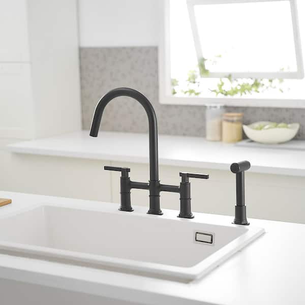 Double Handle Bridge Kitchen Faucet with Side Sprayer in Matte Black