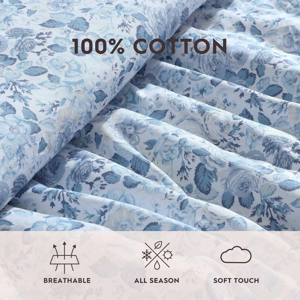 Twin Blue Cotton Reversible Floral Bedding Set