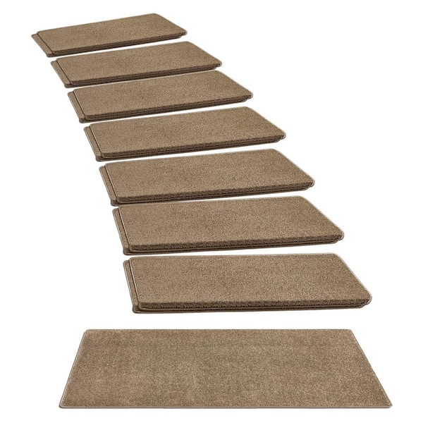 PURE ERA Camel 9.5 in. x 30 in. x 1.2 in. Bullnose Polypropylene Non-slip Carpet Stair Tread Cover With Landing Mat (Set of 15)