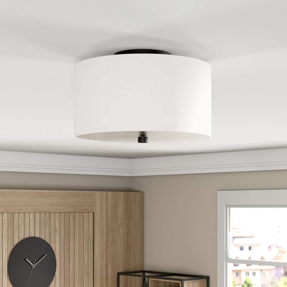 Ellis Matte Black 12" Modern Drum Flush Mount with Brass Accents