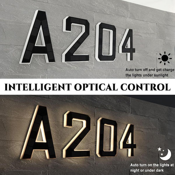 Angel Sar 9 in. Black Solar Lighted 4 House Number, Waterproof LED