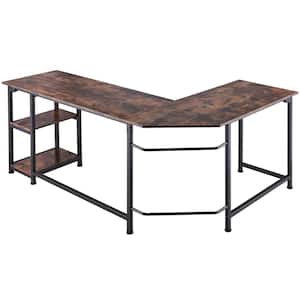 66 in. L Shape Walnut Writing Desk Computer Table with Storage Shelves
