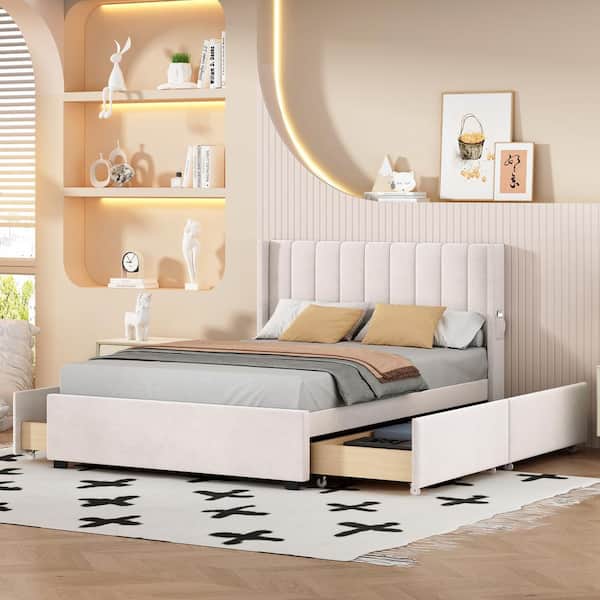 Harper & Bright Designs Beige Wood Frame Full Size Velvet Upholstered Platform Bed with 4 Drawers, Tufted Headboard with Storage Pocket