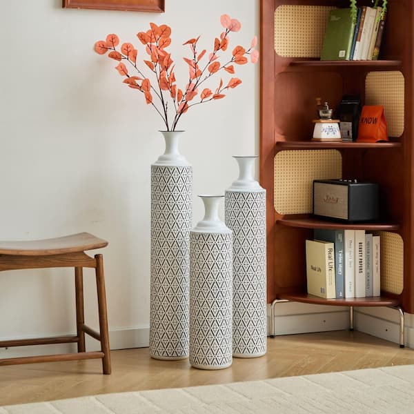 25 in./29 in./34 in. Modern Floor Vases, White Metal Bottle Vases with Gold Accents and Geometric Embossing (Set of 3)