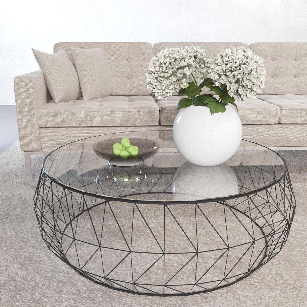 Malibu Modern 35" Round Coffee Table with Black Metal and Glass Top