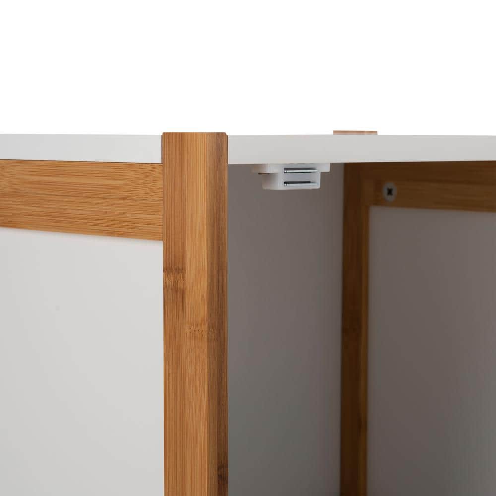Modern Bamboo and White Floor Cabinet with Slatted Accent