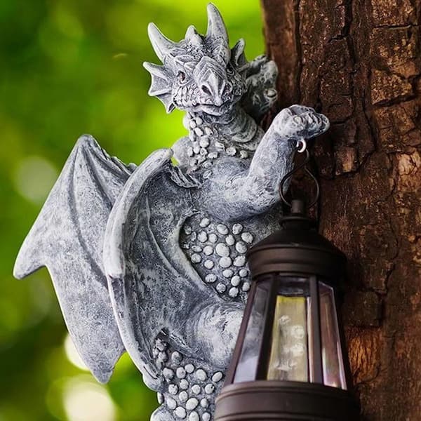 5 in. x 9 in. Gray Resin Solar Dragon Tree Hugger Garden Statue