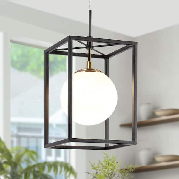 Modern Minimalist 6 in. 1-Light Black Cage Pendant Light with White Globe Glass, Brass LED Hanging Pendant Light Fixture