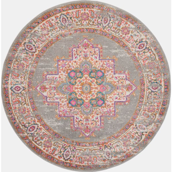 Nourison Passion Grey 5 ft. x 5 ft. Bordered Transitional Round Rug