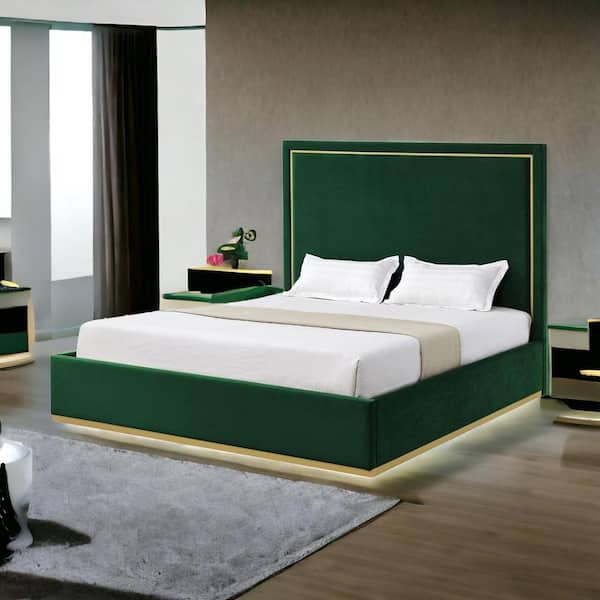 HomeRoots Green Wood Frame King Panel Bed with Upholstered