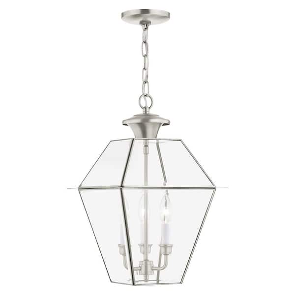 AVIANCE LIGHTING Ainsworth 18.5 in. 3-Light Brushed Nickel Dimmble Outdoor Pendant Light with Clear Beveled Glass and No Bulbs Included