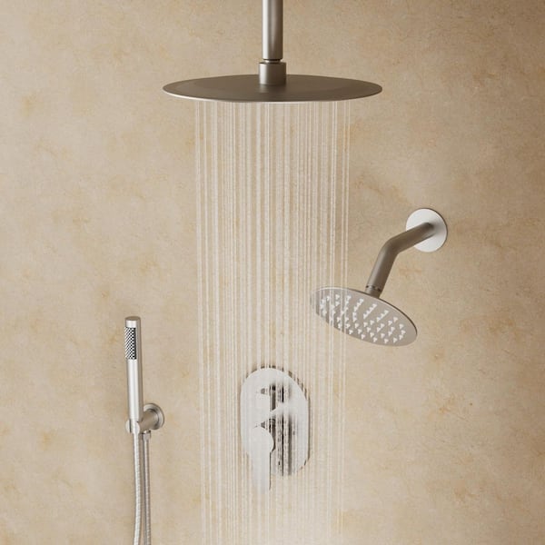 Rainspire Double Handles 3-Spray 10 in. and 6 in. Ceiling Mount Shower Faucet with Anti Scald 1.8 GPM in Brushed Nickel