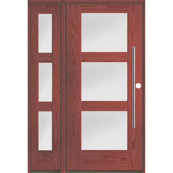 Krosswood Doors Modern Faux Pivot 50 in. W. x 80 in. 3-Lite Left Inswing Satin Glass Redwood Stain Fiberglass Prehung Front Door LSL