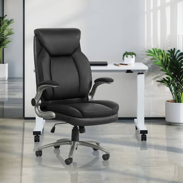 Leather Adjustable Height Big and Tall Executive Chair in Black with Padded Flip Arms and Titanium Base