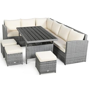 7-Piece PE Wicker Steel Outdoor Sectional Sofa Set with Beige Cushions and Ottomans