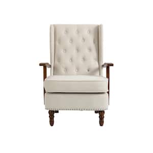 Modern White Linen Tufted Wingback Accent Chair with Wood Legs