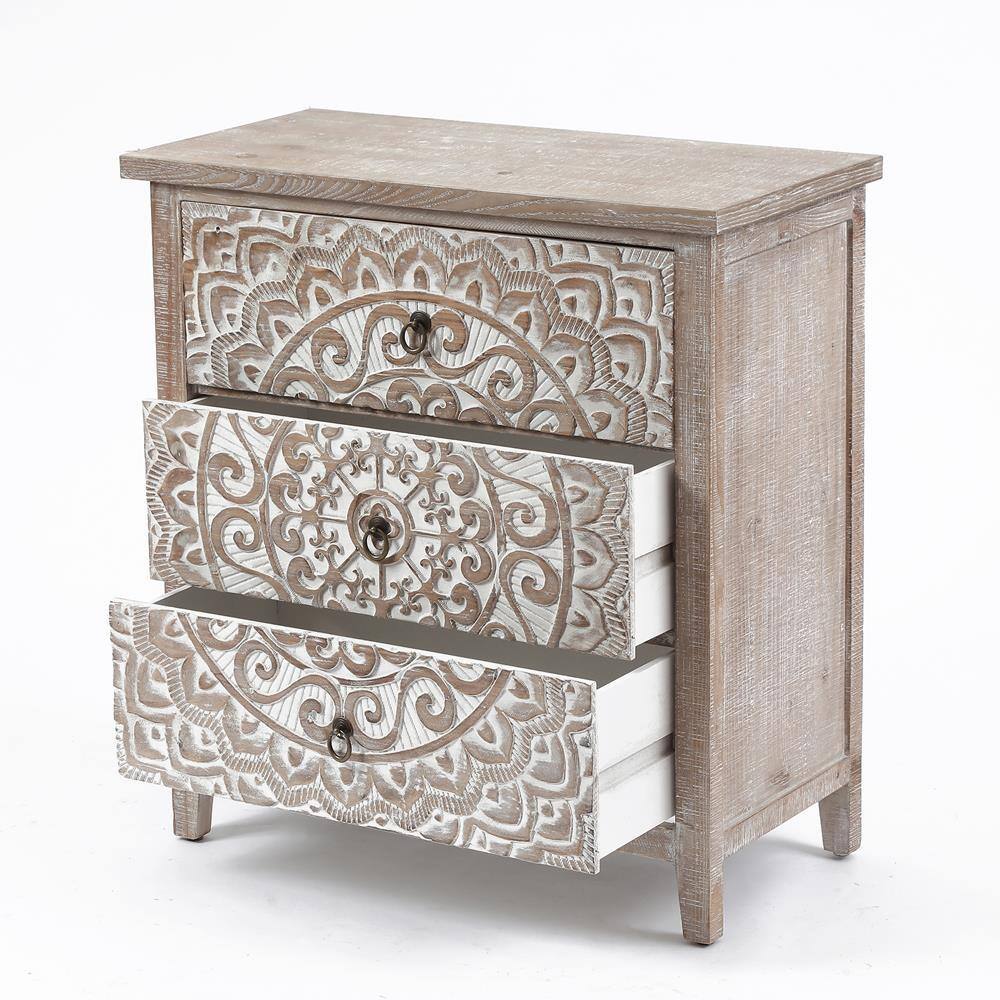 Rustic Whitewashed Fir Wood Floral Three-Drawer Chest