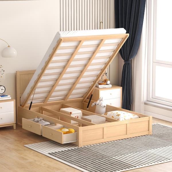 Brown Wood Frame Full Size Platform Bed with Soft cushion and shelves on the footboard