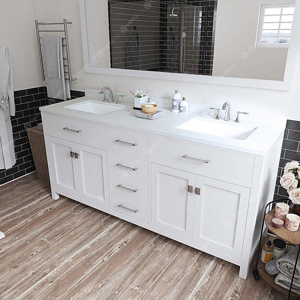 Caroline 72" White Double Vanity with Quartz Top and Square Sinks