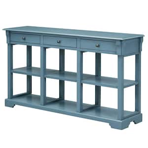 58.1 in. W 32.3 in. H x 14.2 in. D Pine Wood Rectangular Console Table with Drawers and Open Shelf in Blue