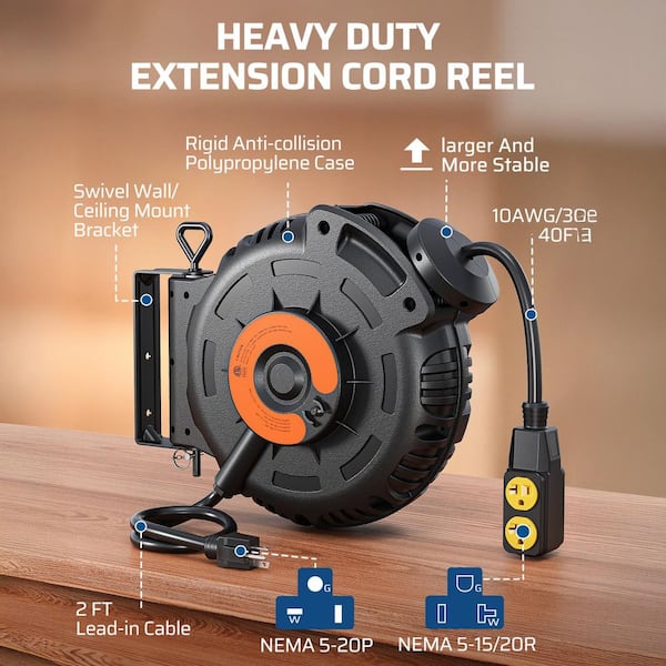 40ft. 10AWG/3C SJTW, 20 Amp Circuit Breaker, Heavy Duty Power Extension Cord Reel with 4 Grounded Outlets, Ceiling/Wall