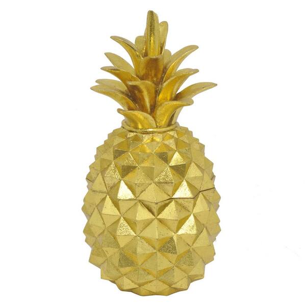 THREE HANDS 10.75 in. Decorative Gold Resin Pineapple Covered Jar