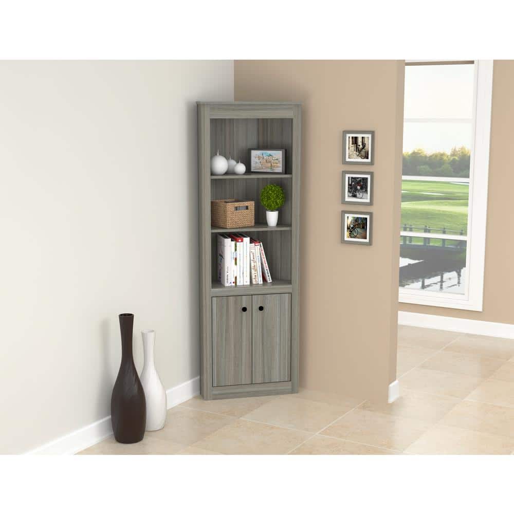 Smoke Oak 76'' Corner Bookshelf with Concealed Storage