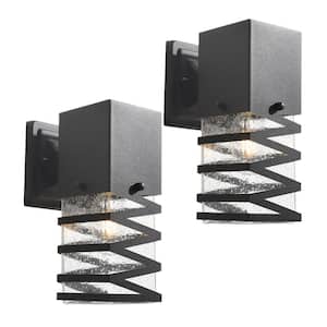 Hawaii 9.8 in. H Black Seeded Glass Hardwired Outdoor Wall Lantern Sconce with Dusk to Dawn (Set of 2)