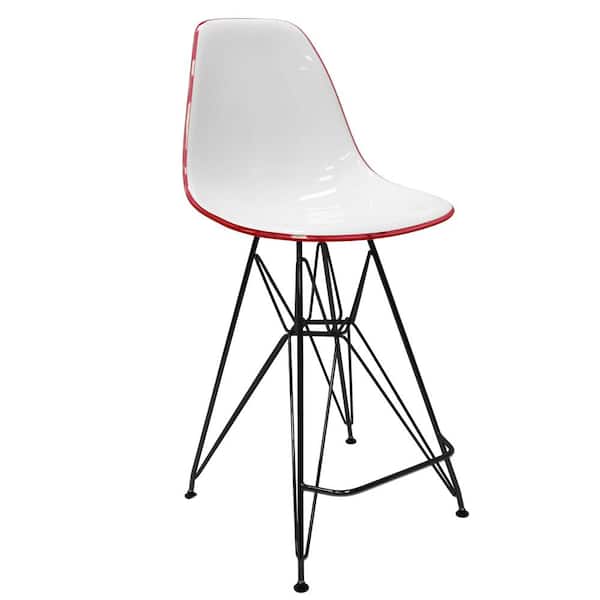 Leisuremod ABS Plastic Barstool 29.5 in. Seat Height Stool with Footrest and Black Steel Base Cresco Series in White/Red