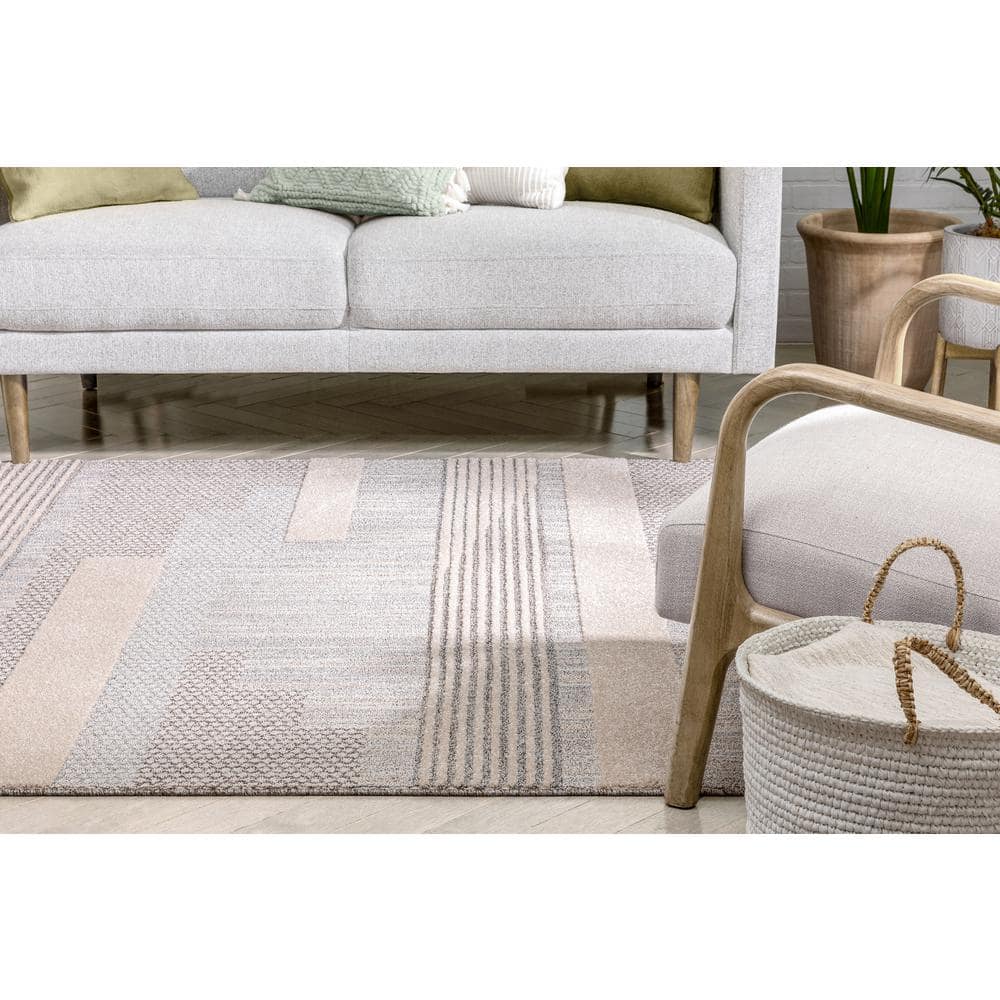 Beige and Gray Synthetic Rectangular Abstract Area Rug