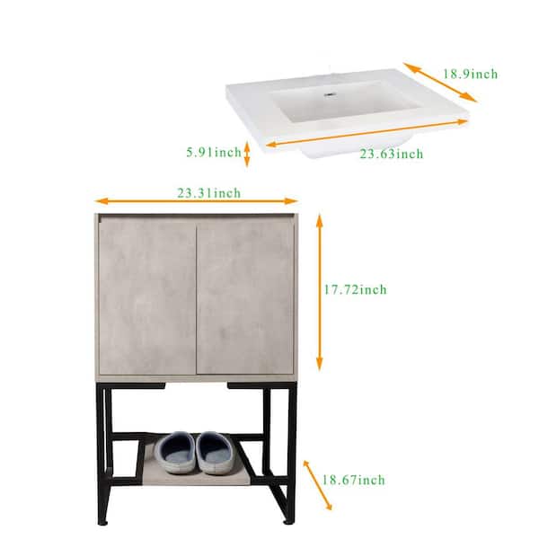 24 in. W x 19 in. D x 18 in. H Freestanding Bath Vanity in Cement Grey with White Glossy solid surface Top