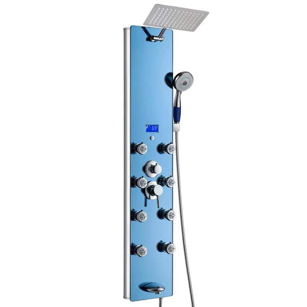 AKDY 52 in. 8-Jet Shower Panel System in Blue Tempered Glass with Rainfall Shower Head, LED Display, Handshower, Tub Spout