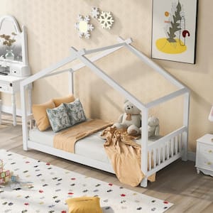 White Wood Twin Size House Bed Platform Bed with Headboard and Footboard, Wood Kids Tent Bed Floor Bed with House Roof
