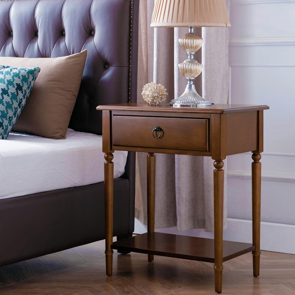 Pecan Brown Solid Wood Coastal Side Table with USB-C Fast Charging Station