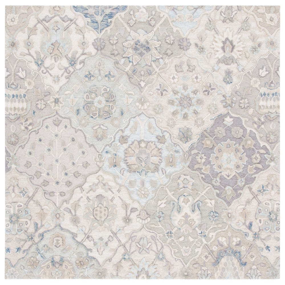 Handmade Grey and Blue Wool Square Area Rug