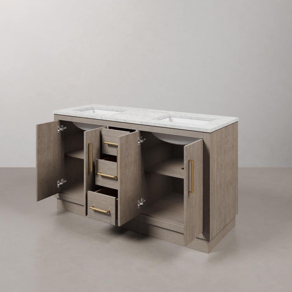 Hugo 60'' Grey Oak Double Sink Vanity with Satin Gold Hardware