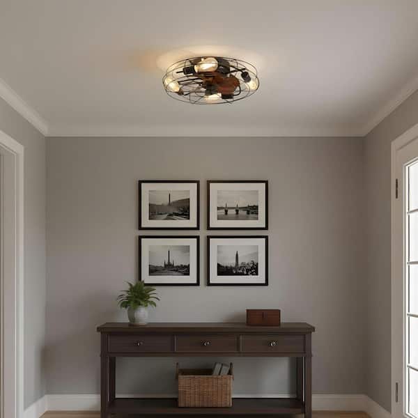 19.7 in. Indoor Black Low Profile Cage Ceiling Fan with Remote Control, Bulb Included