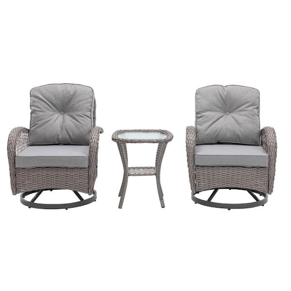 TANKY TRADING INC Set of 3 Wicker Outdoor Rocking Chair 360-Degree Swivel Patio Chairs with Grey Glass Coffee Table and Cushion