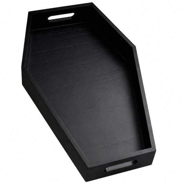 16.93 in Gothic Black Wood Coffin Halloween Serving Board with Handles for Party Snacks