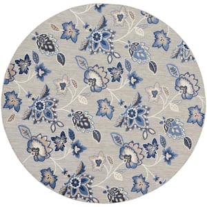 Aloha Blue Grey 8 ft. x 8 ft. Floral Vine Botanical Contemporary Indoor/Outdoor Round Area Rug